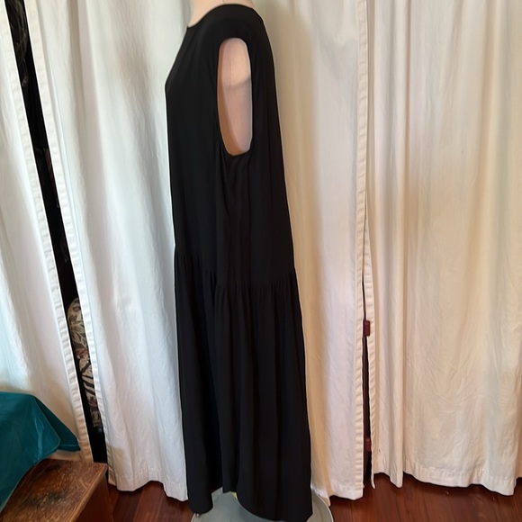 Eileen Fisher Silk georgette Crepe Dropped Waist Tapered Hem Black Dress - Picture 2 of 9